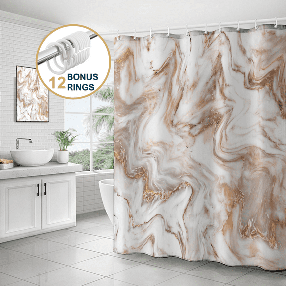 ComfiTime Shower Curtain with Hooks – Heavy-Duty Mold/Mildew-Resistant, Weighted-Hem Fabric Bathroom Curtain, Water-Repellent, Machine-Washable, Fade-Resistant, Marble, Rose Gold, 72 x 72
