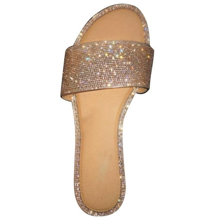 

Women Glitter Diamond Flat Sandals Summer Shoes Beach Slippers Flip-flops Non-slip 38 Gold