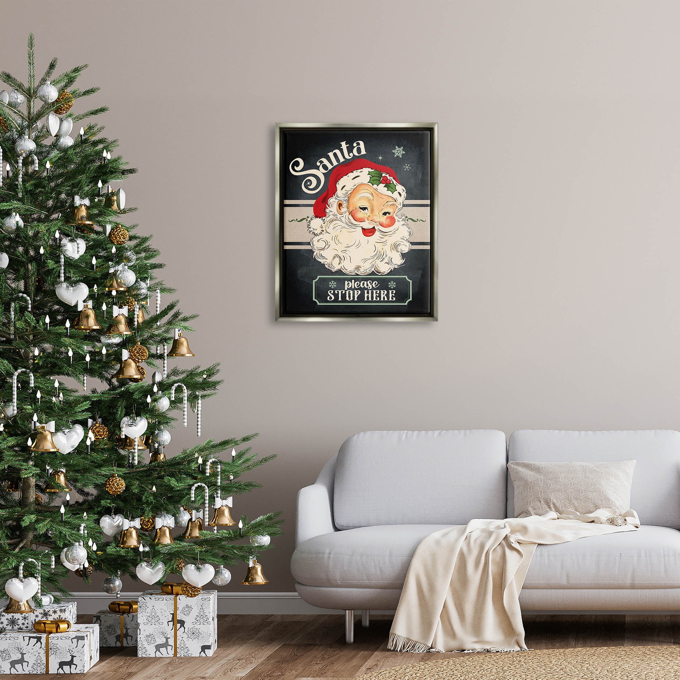 Santa Please Stop Here Vintage Smiling Holiday Graphic Art Luster Gray Framed Art Print Wall Art