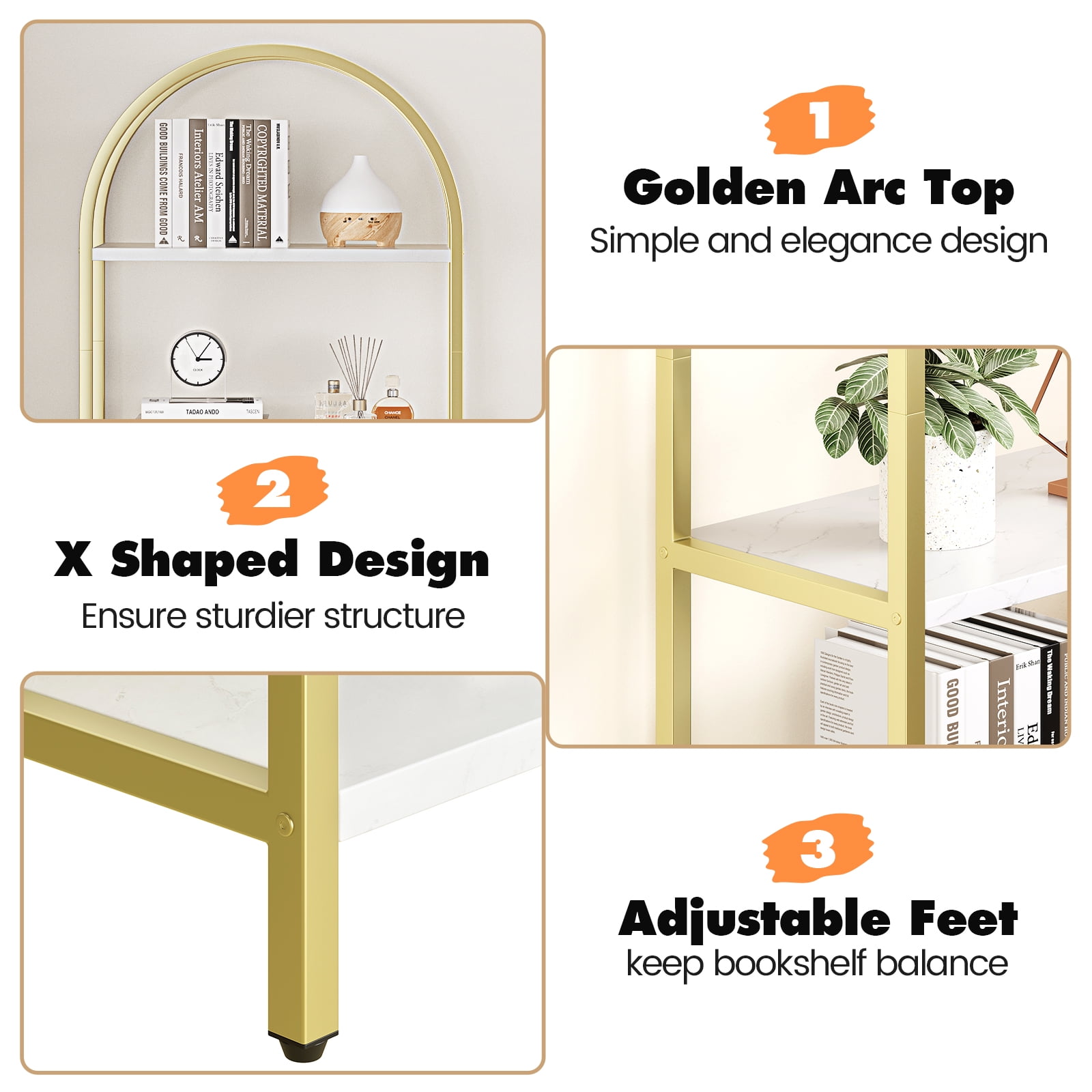 Memoryfield 5 Tier Bookcase, Arched Display Racks Bookshelves, Metal Frame Modern Storage Rack Shelf Large Wood Book Shelf for Bedroom, Living Room, Home Office, Golden + White