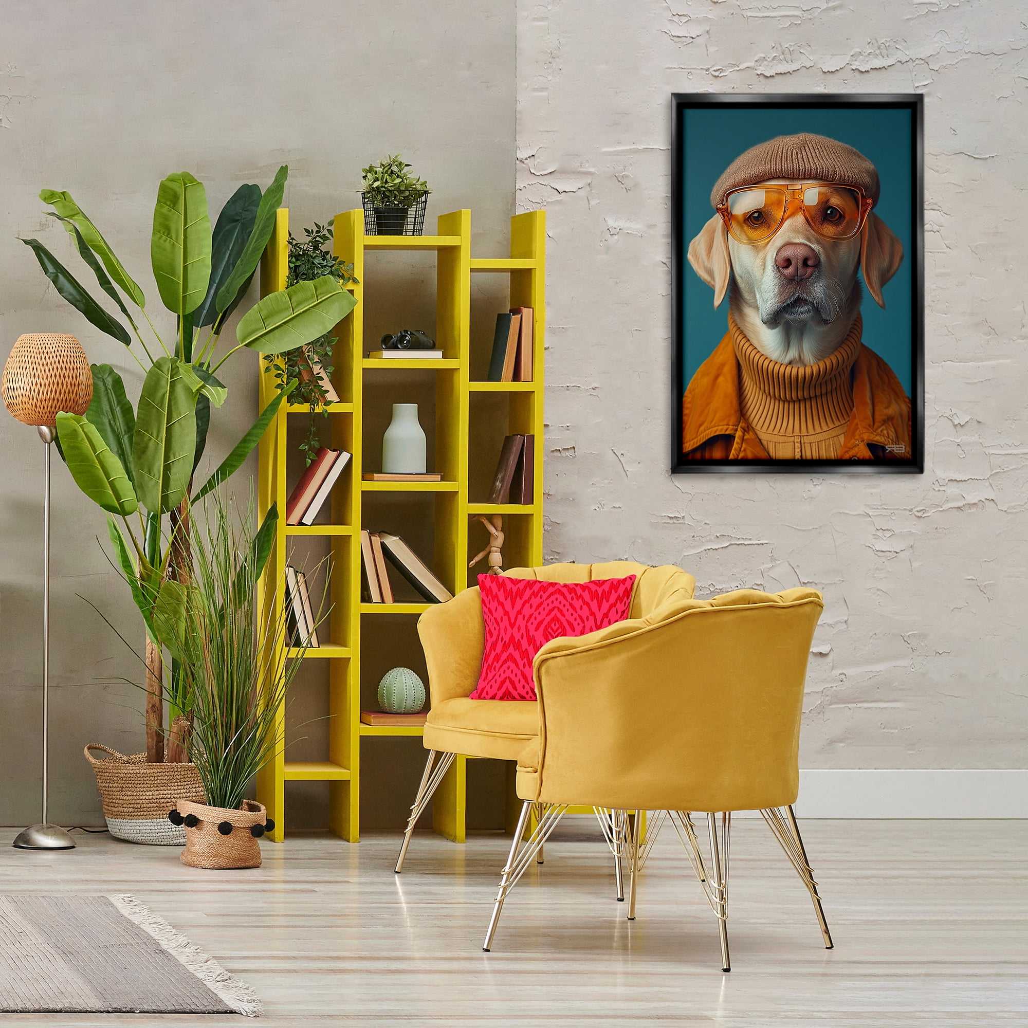 Stupell Industries Dog in Knit Fashion Animals & Insects Painting Black Floater Framed Canvas Art Print Wall Art, 21 x 31