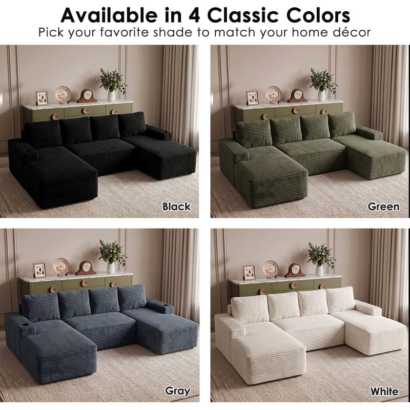 Anpport 133" Boneless Cloud Modular Sectional Couch, Corduroy Sofa with Cup Holders, Side Pockets, Deep Seat, No Assembly Required for Living Room, Black (U‑Shaped)