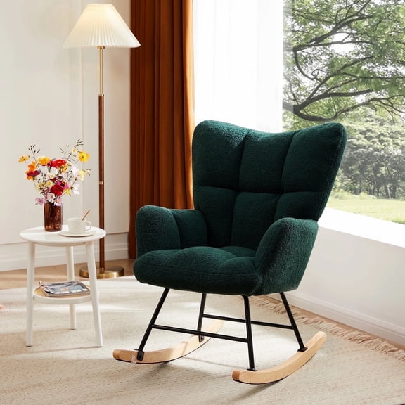 Modern Rocking Chair – Plush Teddy Upholstered Glider with High Back & Armrests, Living Room & Bedroom Accent Chair,Green