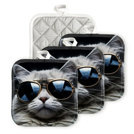 

BaHomeck Pot Holders 4pcs dacron Made Square heat-resisting mat Machine Washable for Kitchen Oven Hot Pads 6.7inch*6.7inch Cool Cat Wearing Sunglasses
