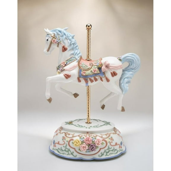 Ceramic Tasseled Carousel Music Box Horses 11.5x7.1x15 Gift for Her Mom