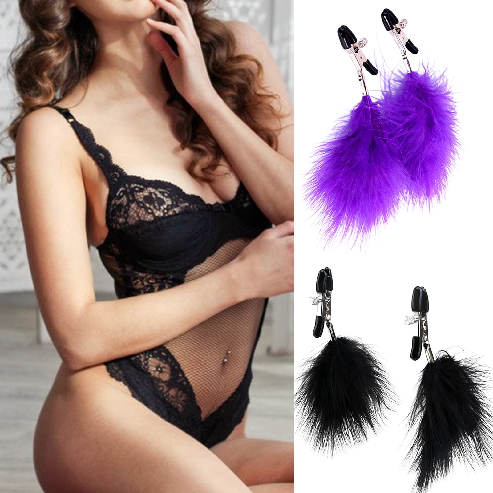 suidie 1 Pair Adult Sex Toys Exquisite Flirt Metal Boobs Clip with Feather for Wife