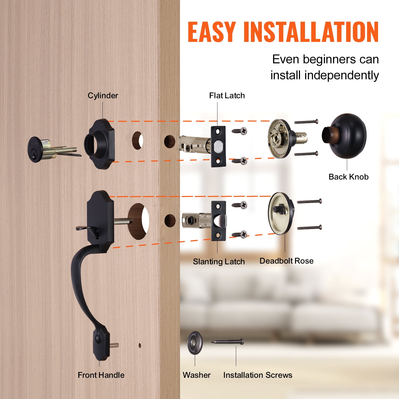 VEVOR Front Door Handle and Deadbolt Set, Matte Black Front Door Lock Set with Interior Knob, Adjustable Hole Spacing Single Cylinder Handleset, for Right and Left Handed Entrance and Front Door