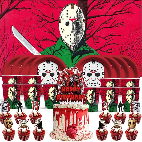 Jason Voorhees Friday The 13th Birthday Cups Party Supplies Decor Backdrop Paper Plates Fans Decorations Banner