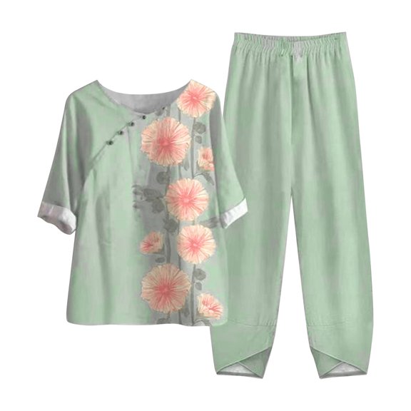 QUYUON Womens Summer 2 Piece Outfits Casual Loose Crew Neck Short Sleeve Tops Elastic Waist Long Pants Sets Women Plus Size Floral Printed Two Piece Lounge Sets A-Green XXL