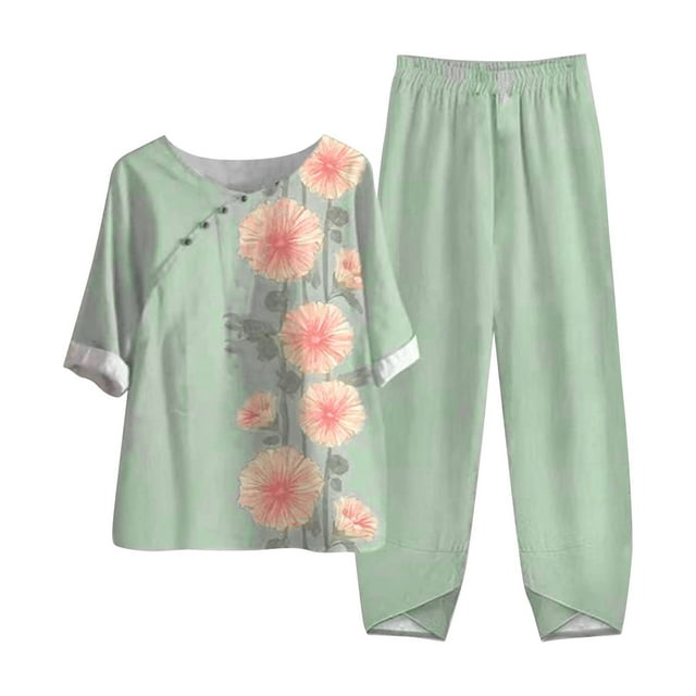 DPTALR Femmes Été Imprimé Manches Courtes Demi Manche Ronde Recadrée Top + Pantalons Décontractés Costume Ensemble Deux Pièces Salon