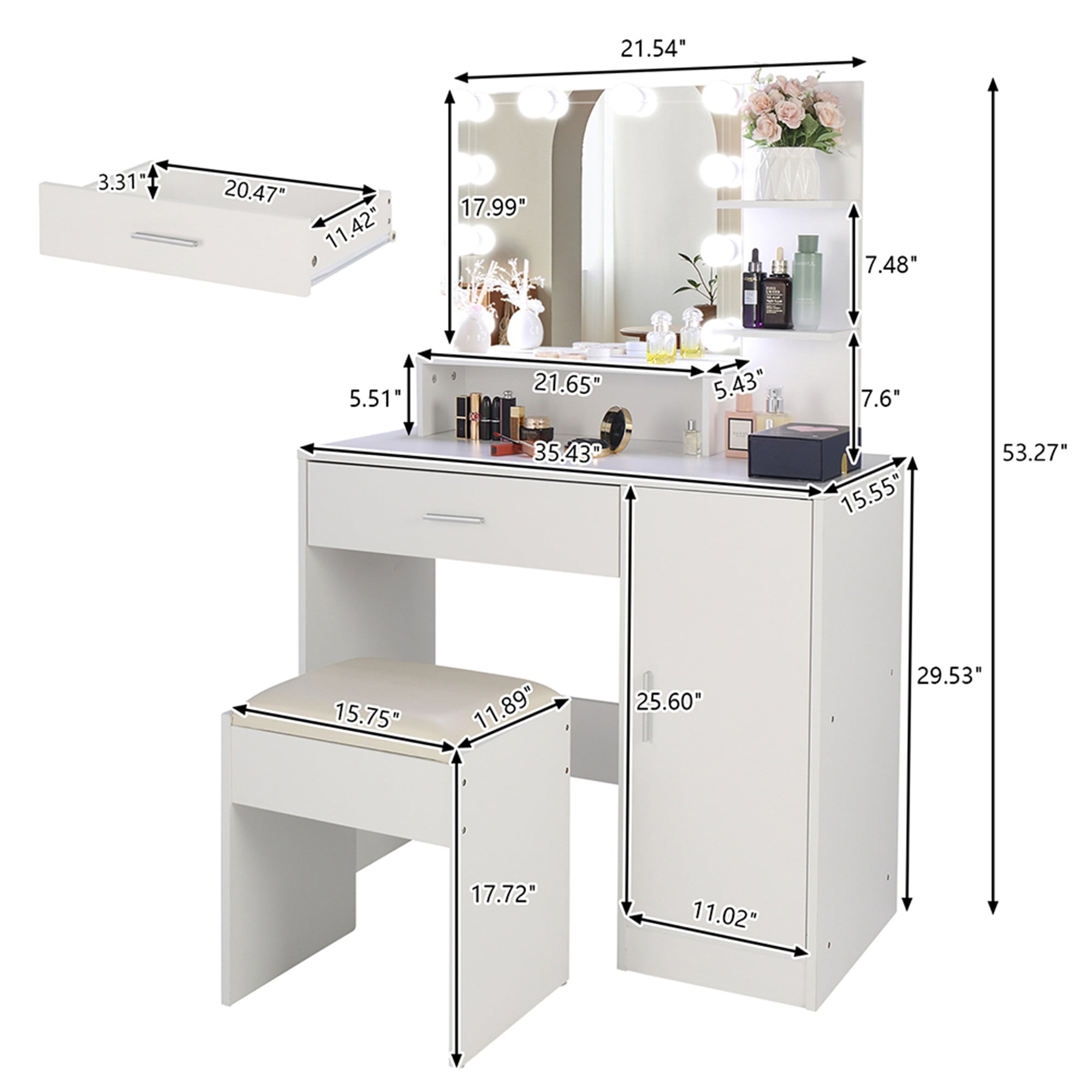 Resenkos Large Vanity Desk Set with 10 LED Bulbs, Makeup Dressing Table with Cushioned Stool for Women, Girls, Bedroom, White Resenkos Large Vanity Desk Set with 10 LED Bulbs, Makeup Dressing Table with Cushioned Stool for Women, Girls, Bedroom, White