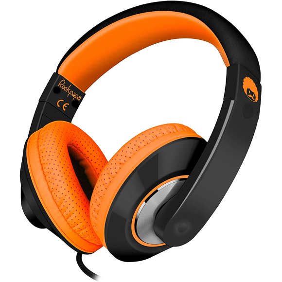 Auriculares ajustables Rockpapa Comfort+ con micrófono y control de volumen. Adultos, niños y adolescentes. Negro/Naranja