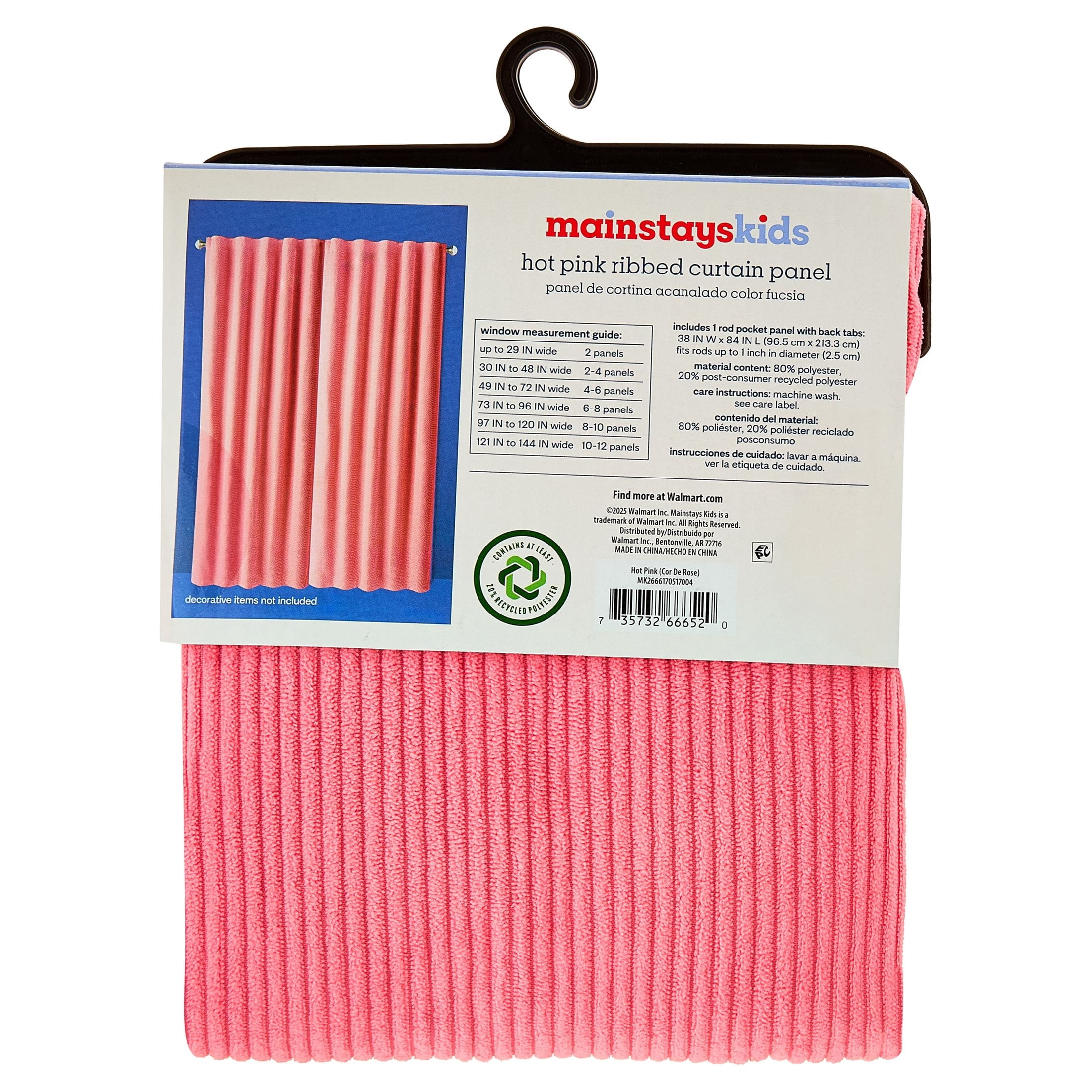 Mainstays Kids Pink Ribbed Corduroy Blackout Single Curtain Panel, Rod Pocket with Back Tabs, 38 in x 84 in