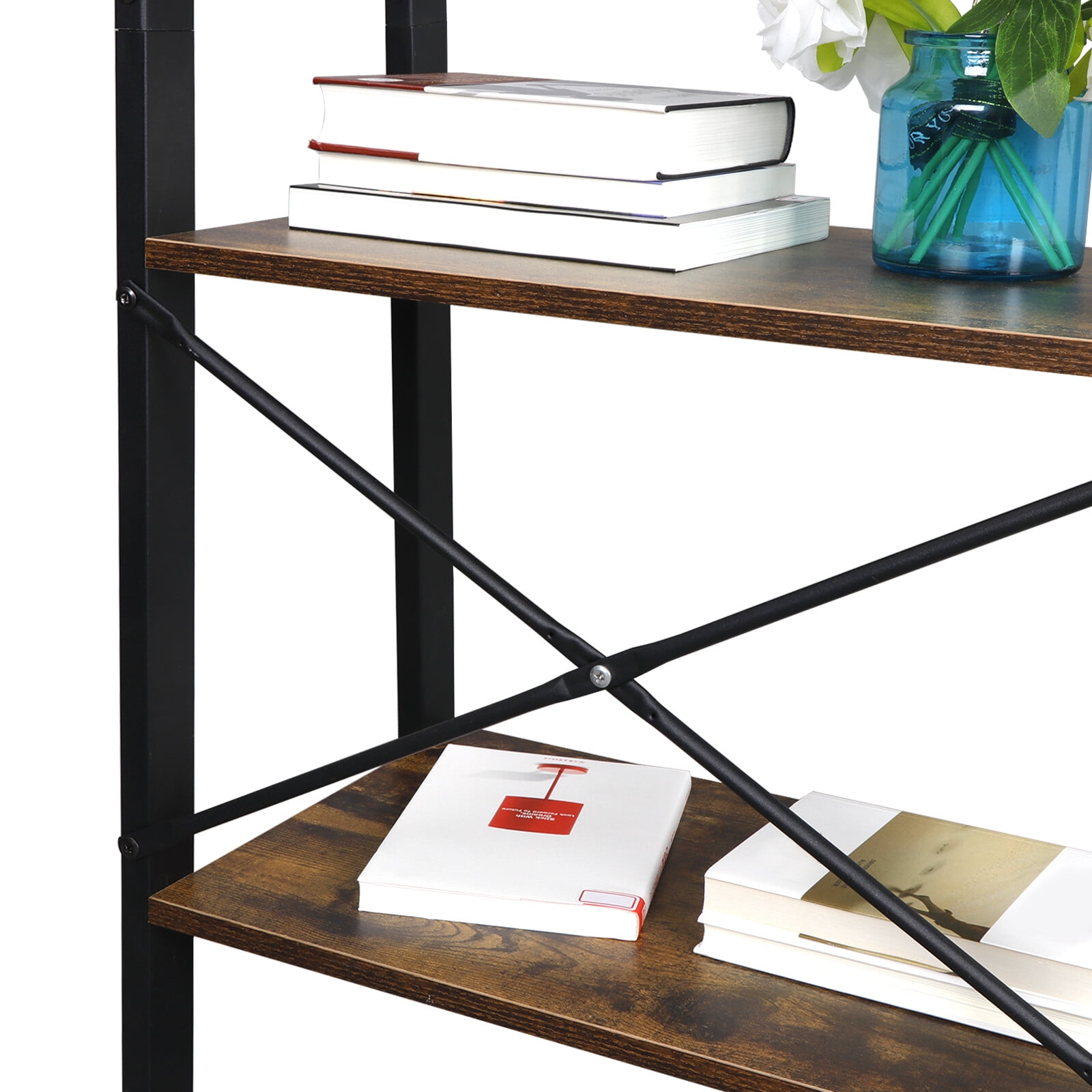 HomGarden Modern Wooden Bookshelf 4-Tier Ladder Bookcase Storage Rack Accent Furniture Rustic Brown