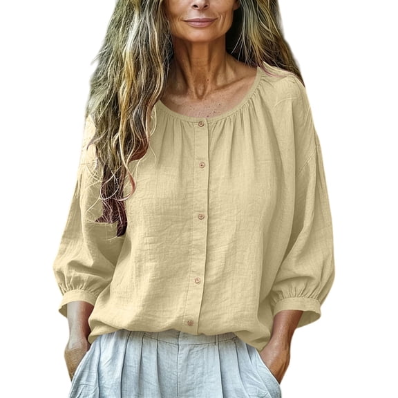 Yigetop Linen Clothes Linen Shirts for Women Vacation Travel Button Down 3/4 Length Sleeve Womens Tops Spring Crew Neck Beach Top Linen Button Down Shirt Women Beige L