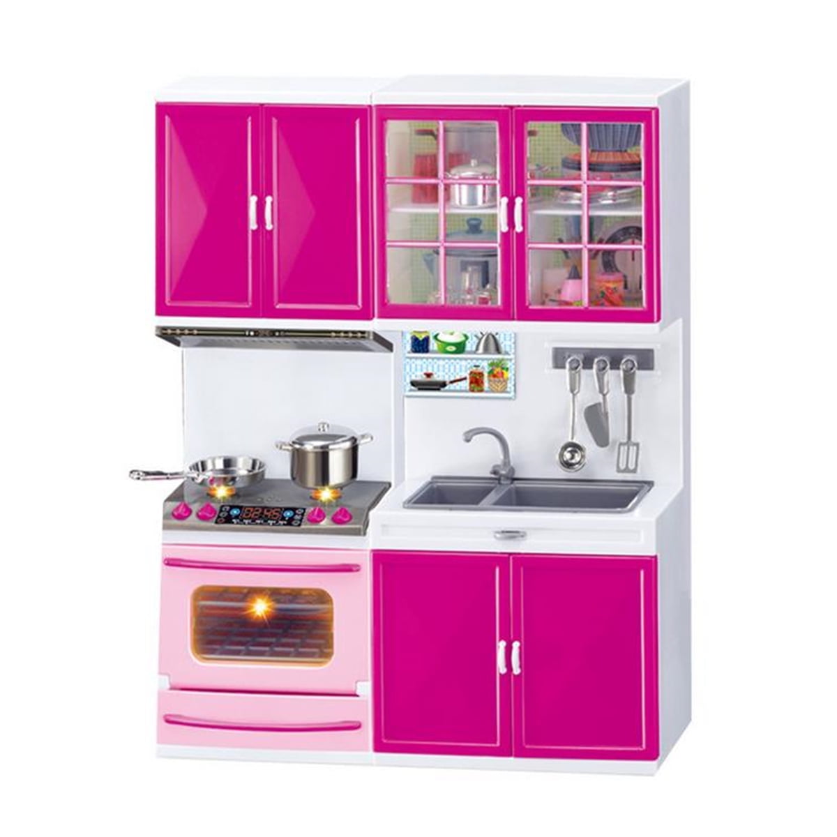 Asewon Lifestyle Custom Kitchen,Kids Mini Kitchen Playset, Pink Dollhouse Kitchen Cabinet Set