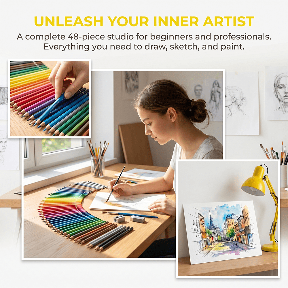 48 Watercolor Pencil Art Kit with Water Brush, Vibrant Water-Soluble Drawing Set for Painting, Sketching, and Coloring
