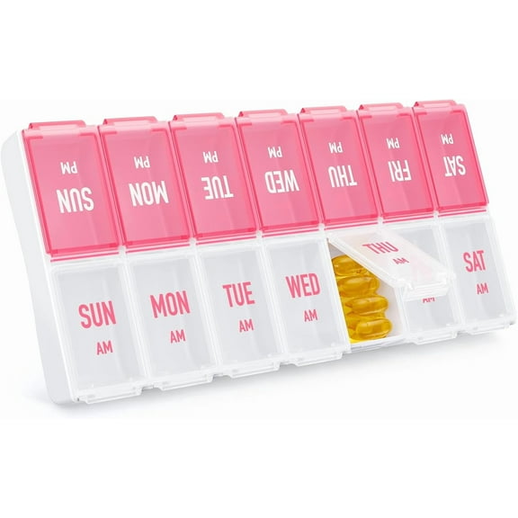 Weekly pill organizer, twice a day. The pill box is easy to use and a BPA-free pill container