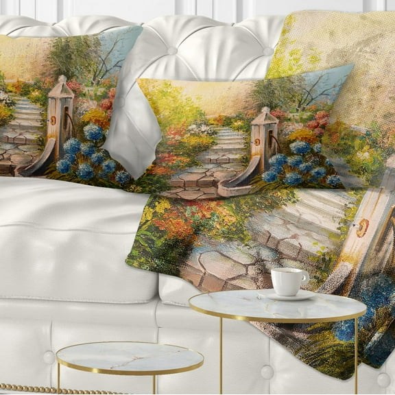 Designart Stone Stairs in Forest - Landscape Painting Throw Pillow - 12x20
