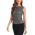 thumbnail image 4 of INSPIRE CHIC Tweed Top for Women Sleeveless Crew Neck Plaid Print Waist Zipper Buckle Back Blouse Tops S Black, 4 of 6