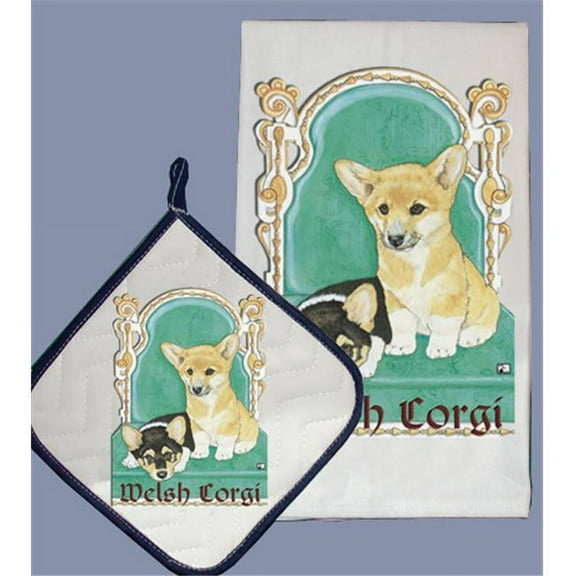 Pipsqueak Productions DP887 Dish Towel and Pot Holder Set - Welsh Corgi