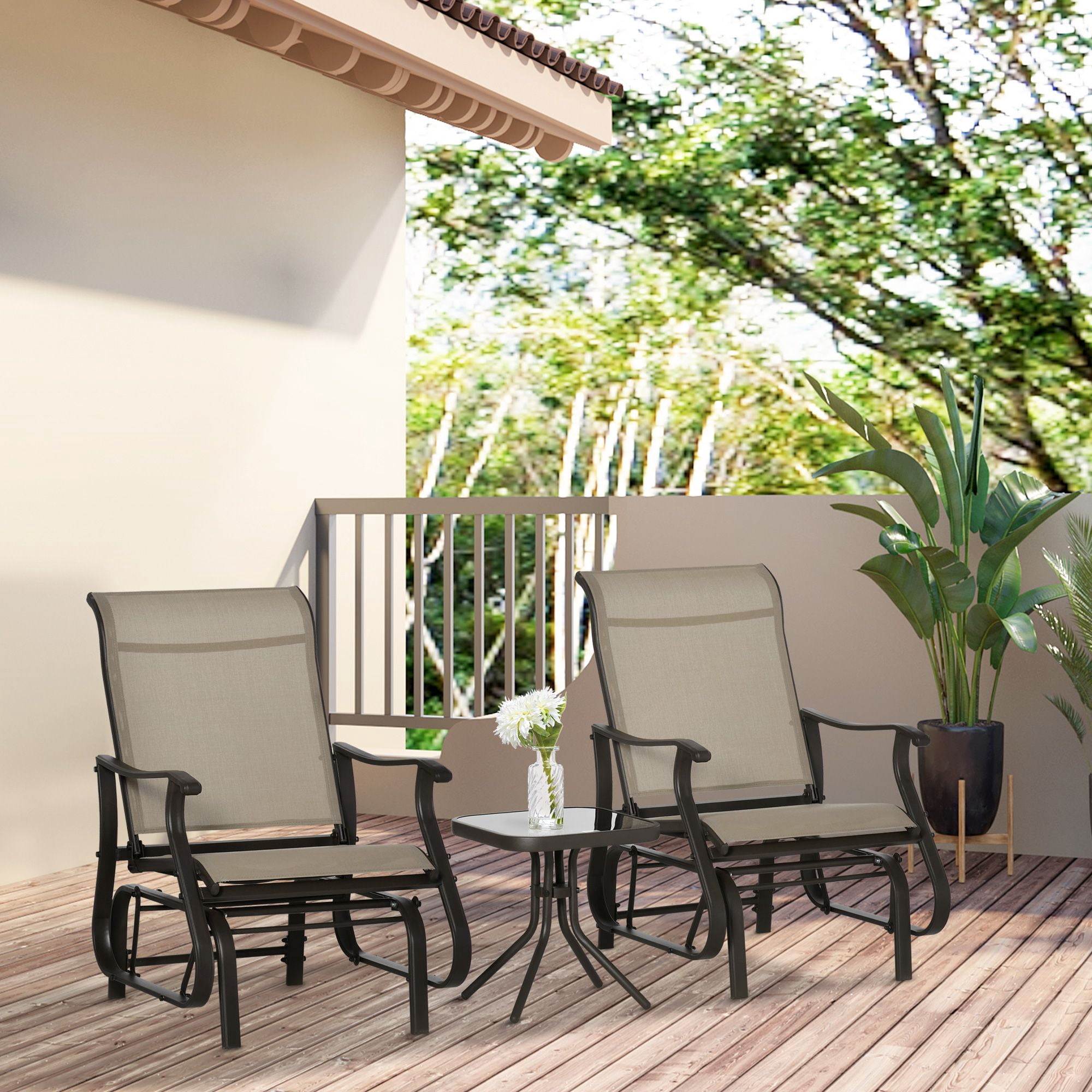 3-Piece Gliding Chair & Tea Table Set, Outdoor 2 Rocker Seats with Steel Frame, Tempered Glass Tabletop, Garden Patio Furniture, Grey