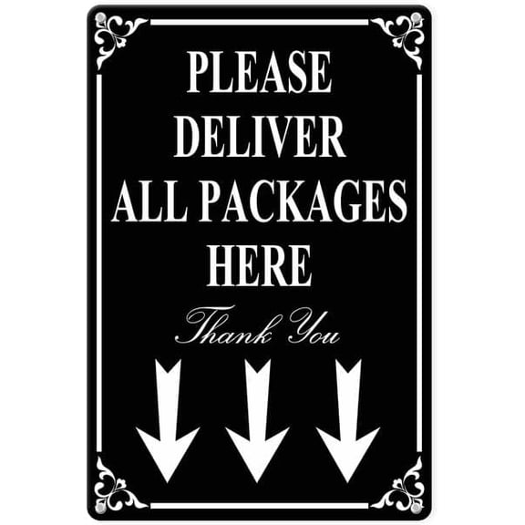 Please Deliver All Packages Here Metal Delivery Instruction Sign, 8 x 12 Inch, Black Aluminum for Outdoor Package Box