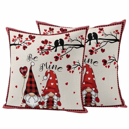 Valentine s Day Gnome Outdoor Waterproof Pillow Covers Set of 2 Gnome Couple Vintage Red Plaid Love Bird Linen Texture Pillowcase Decorative Throw Cushion Cases for Patio Garden Couch 20 x 20 Inches