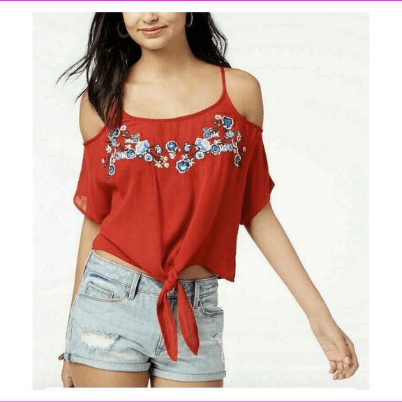Polly and Esther Juniors' Red Embroidered Cold-Shoulder Top, Small