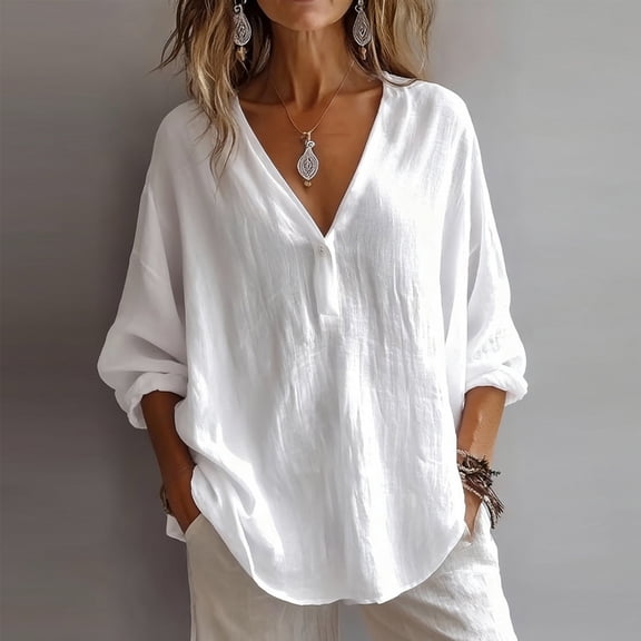 NTACZA Cotton and Linen Business Casual Tops for Women Henley 3/4 Sleeve Blouses Beach Vacation Relaxed Fit Button Shirts for Women Fashion