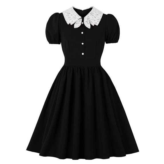 QLEICOM 1950's Dresses for Women Vintage, Stand Collar Lapel Contrasting Dress, V-Neck Stretch Slim High Waist Swing Dress, Audrey Hepburn Style Party Dresses Black M