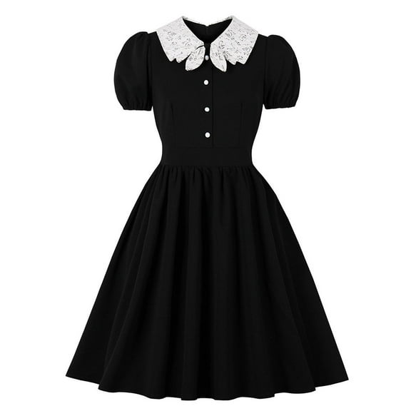 QLEICOM 1950's Dresses for Women Vintage, Stand Collar Lapel Contrasting Dress, V-Neck Stretch Slim High Waist Swing Dress, Audrey Hepburn Style Party Dresses Black M