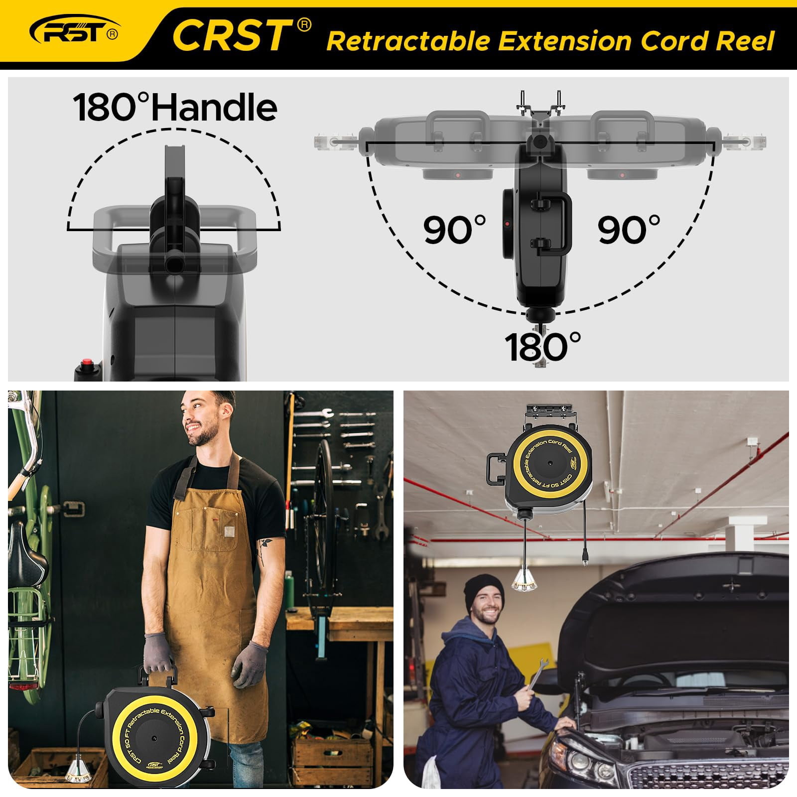 CRST Retractable Extension Cord Reel with Handle, 50 FT Heavy Duty 14AWG/3C SJTOW Power Cord with 3 Grounded Outlets Lighted Triple Tap Limited of 1625W, 13Amp Circuit Breaker, 180° Swivel Bracket