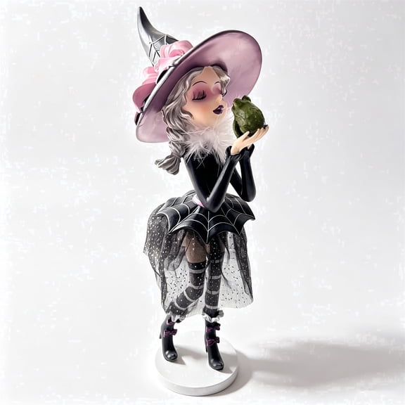 MYUNNIL Cute Halloween Witch Figurine, Gothic Witch Kissing Frog Resin Tabletop Statue, 8" Whimsical Hand Painted Ornament for Shelf Mantel Decor & Holiday Gift