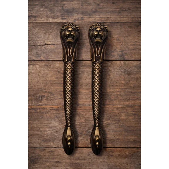 Global Antiques Set of 2 Antique Brass Lion Head Main Door Handle Pulls Decorative Vintage Style Hardware for Doors