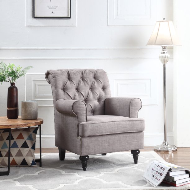 Traditional Tufted Scroll Arm Chesterfield Linen Fabric Accent Chair