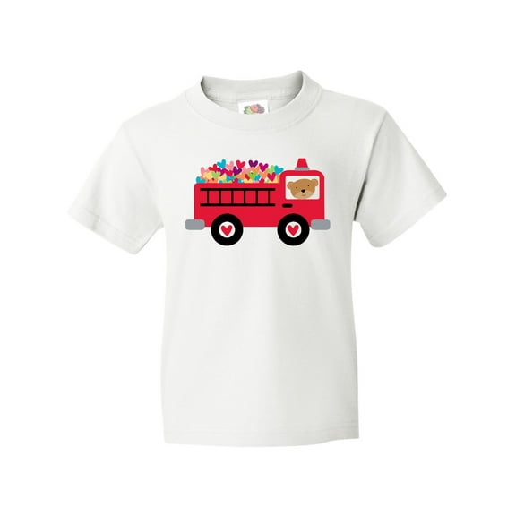 Inktastic Valentine Fire Truck Heart Bear Youth T-Shirt