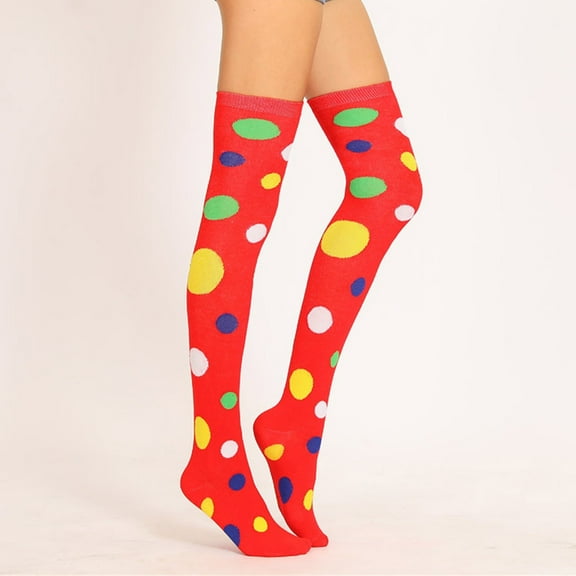 Lilgiuy Christmas Tight High Stocking for Women Trendy Polka Printed Christmas Clown Queuing Warm Stockings for Christmas Cosplay Party Accessories