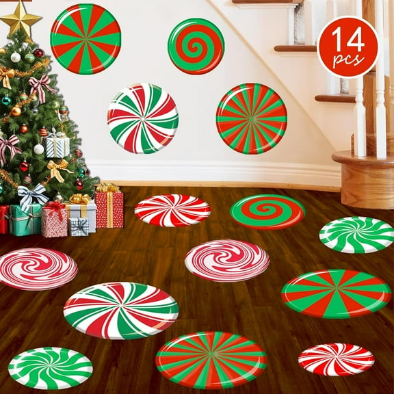 14 Pcs Large Christmas Peppermint Candy Cane Floor Wall Decals Christmas Floor Stickers for Candy Land Decorations