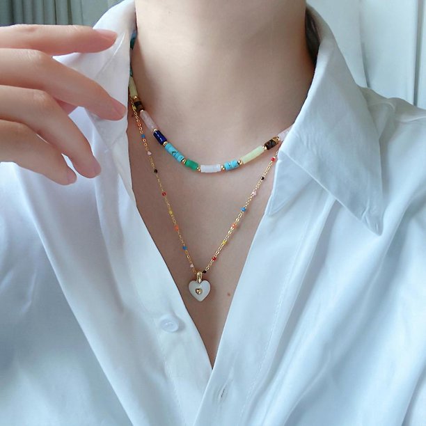 Collar de capas bohemio, colgante de cuentas de colores Gargantilla Cadena de capas de cuentas de arroz de semillas coloridas bohemias para mujeres Adolescentes Niñas Joyería diaria Cumpleañ