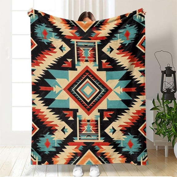 Boho Style Throw Blanket, Southwestern Aztec Patterned Blanket, Soft Cozy Plush Flannel Blanket, Warm Nap Blanket for Home & Office