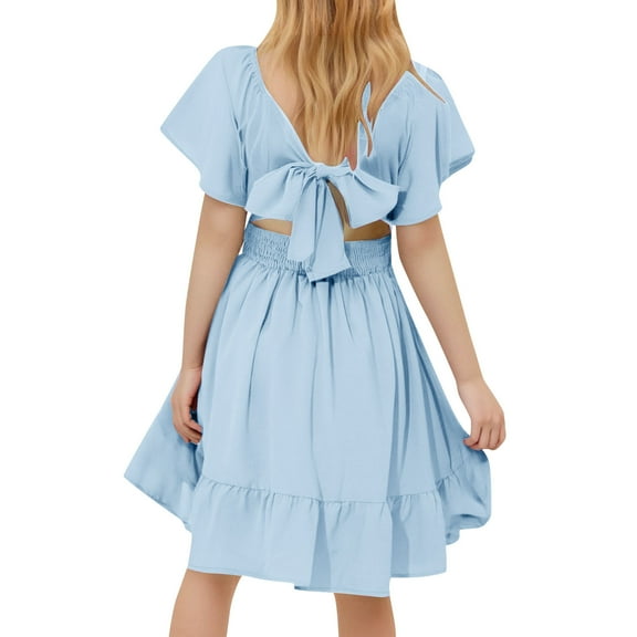 OGLCCG Girls Summer Tie Back Dress Tween Kids Off Shoulder A-Line Swing Dresses Formal Party Wedding Princess Dress Size 4-15 Years