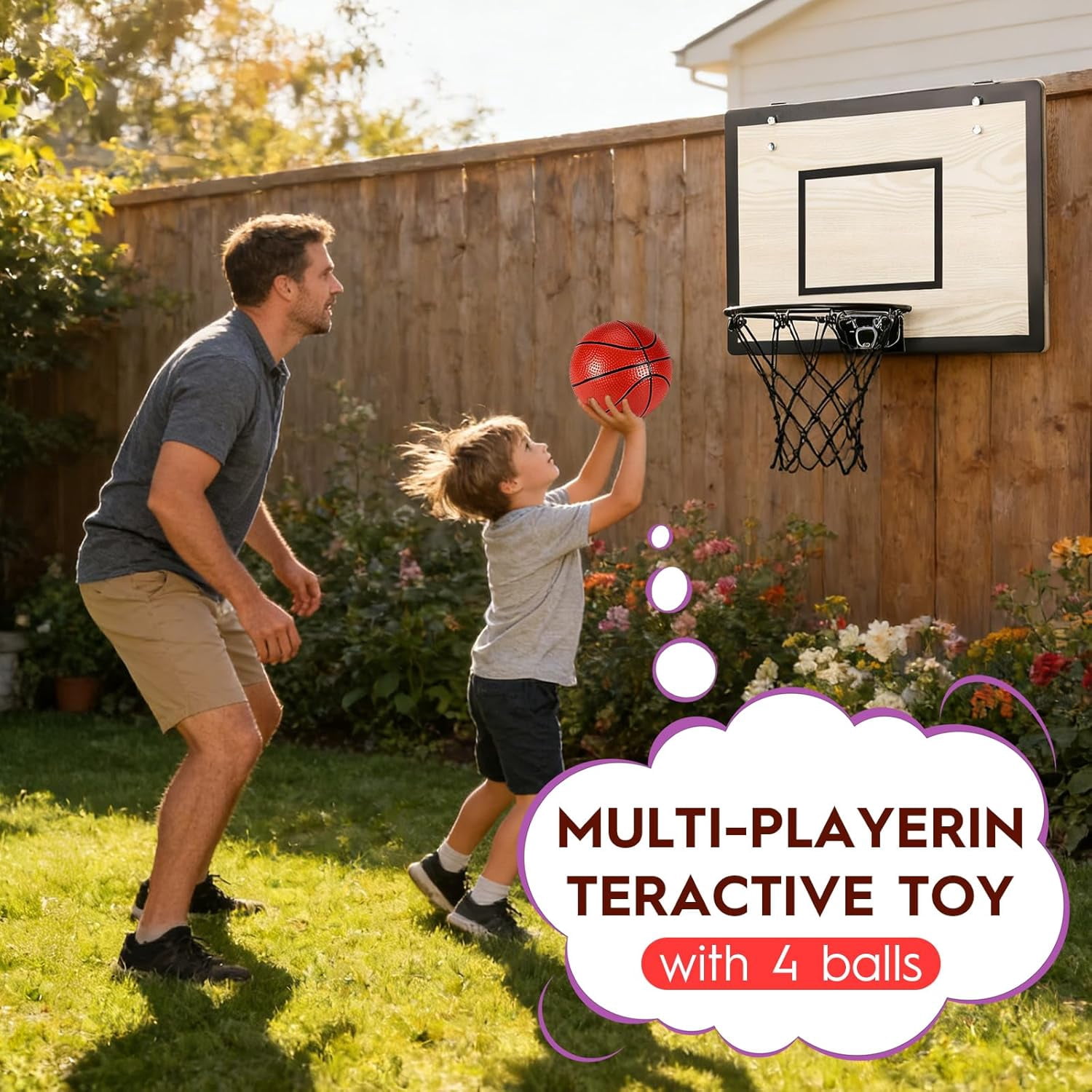 Indoor Mini Basketball Hoop Set for Kids Teens Adults, Wooden Over-The-Door Hoop with 4 Balls and Air Pump