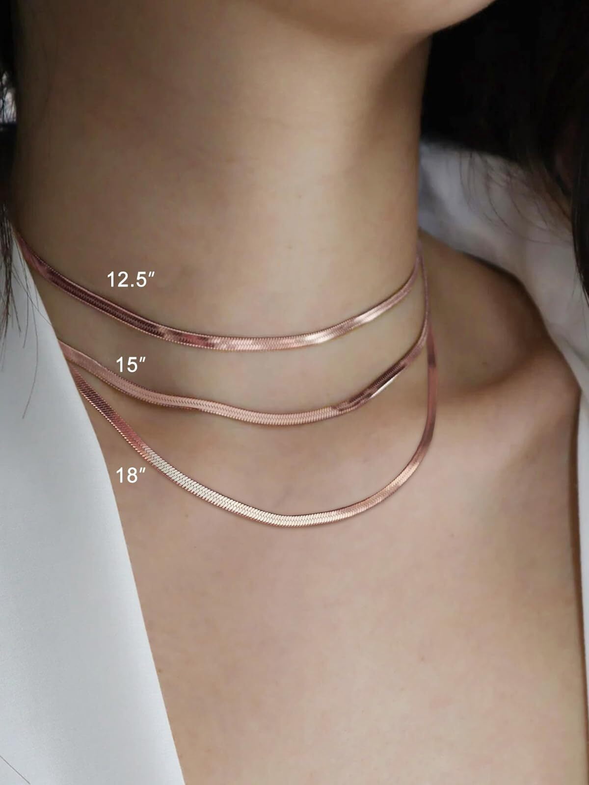 FOCALOOK Flat Snake Chain for Women Stainless Steel Rose Gold Plated Herringbone Choker Necklace Jewelry Birthday Christmas Valentine's Day Gifts 3MM 18 Inches