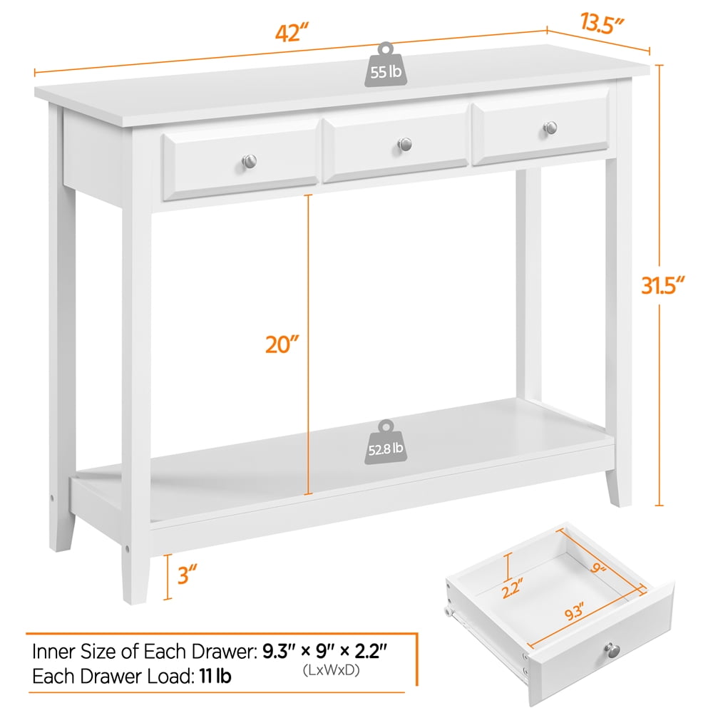 Topeakmart 3-Drawer Wooden Console Table Entryway Table with Storage Shelf Pine Wood Legs, White