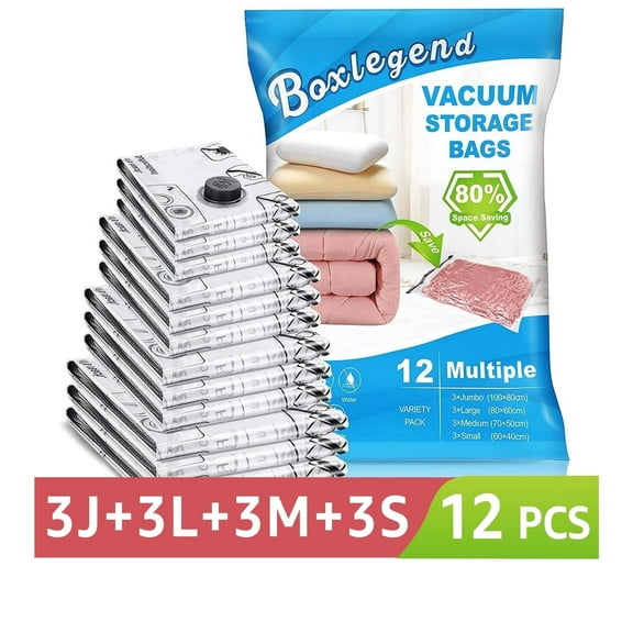Boxlegend 12 Pack Vacuum Storage Bags, 3 Jumbo, 3 Large, 3 Medium, 3 Small, Instant Space Saver Bags for Clothes
