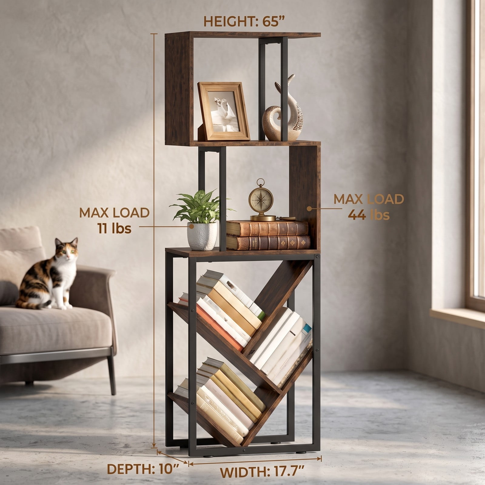 Furnibear 6-Tier S-Shaped Bookshelf, Tree Geometric Bookcase Floor Standing Storage Rack with Open Shelves and Anti-Tip Kit for Living Room, Rustic Brown and Black