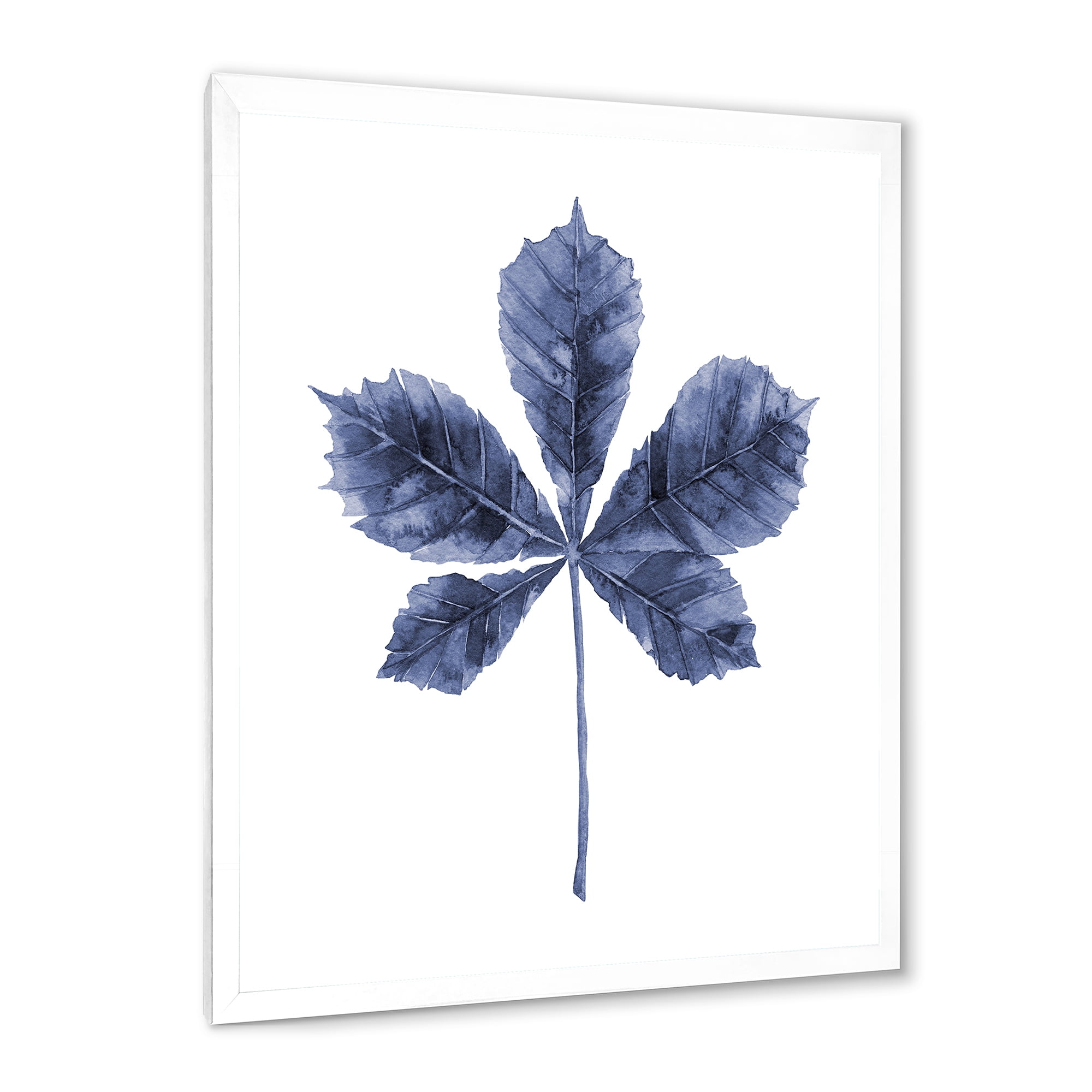 Designart 'Navy Blue Chestnut Leaf On White' Traditional Framed Art Print