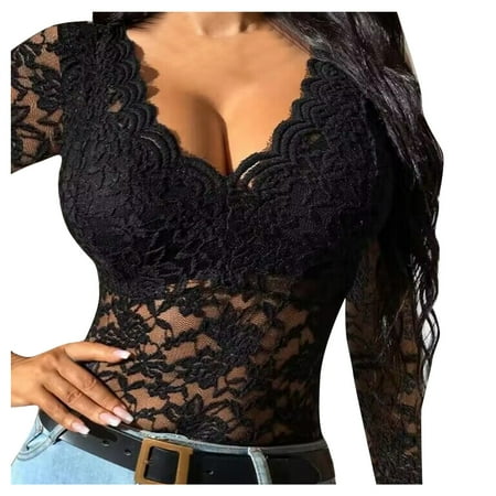 

Lingerie For Women Shirt Lace Shirt See Through Casual Slim Fit Tops Embroidery Sheer Mesh Lace Long Sleeve Deep V Neck Temperament Trim Plunging Neck Lace Lingerie Top Vest Size S 3Xl