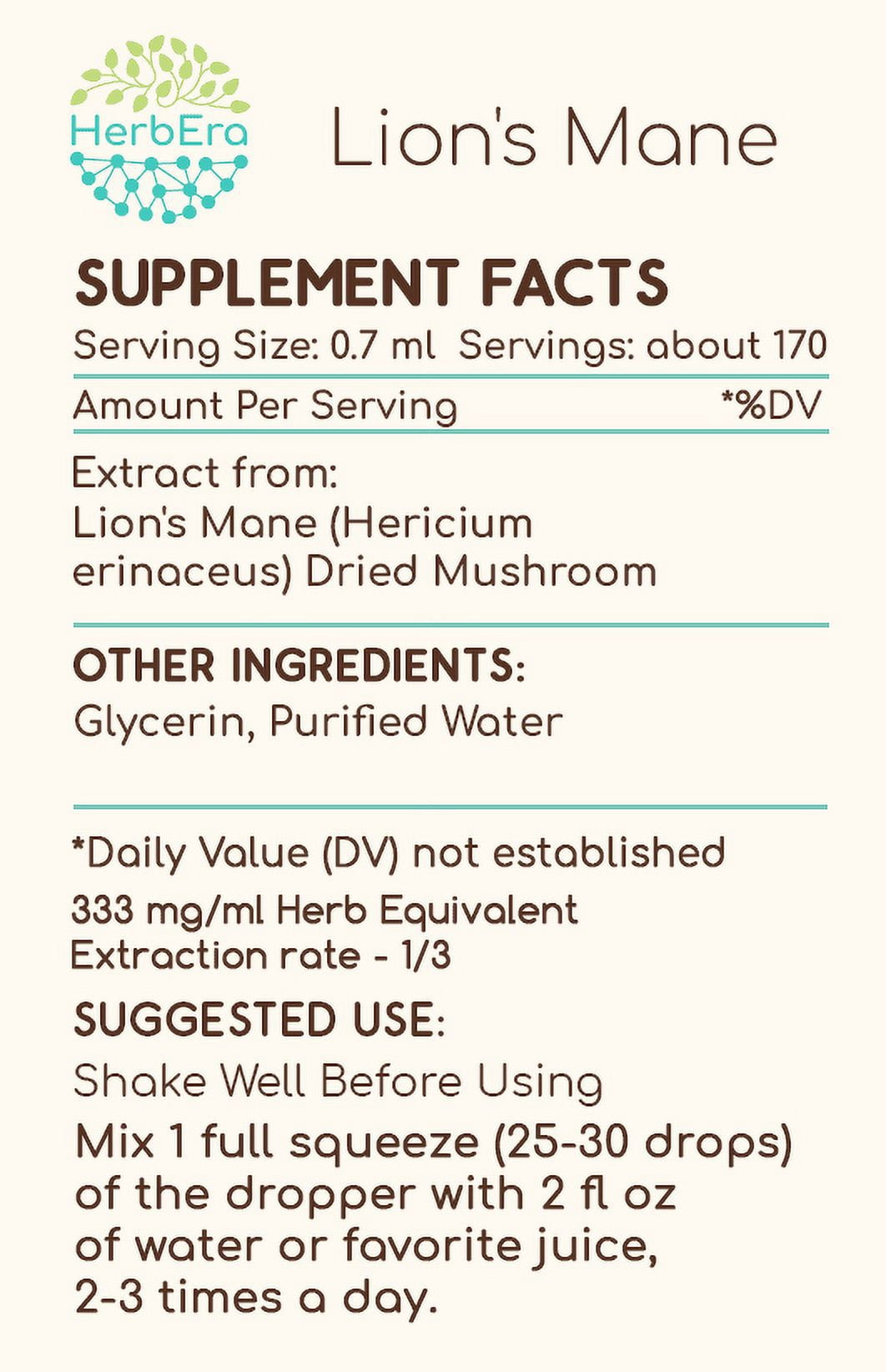 HerbEra Lion's Mane Tincture, Herbal Dietary Supplement for Cognitive Support, Lion's Mane (Hericium erinaceus) Dried Mushroom Extract, Natural, Alcohol-Free, Drops 4 oz